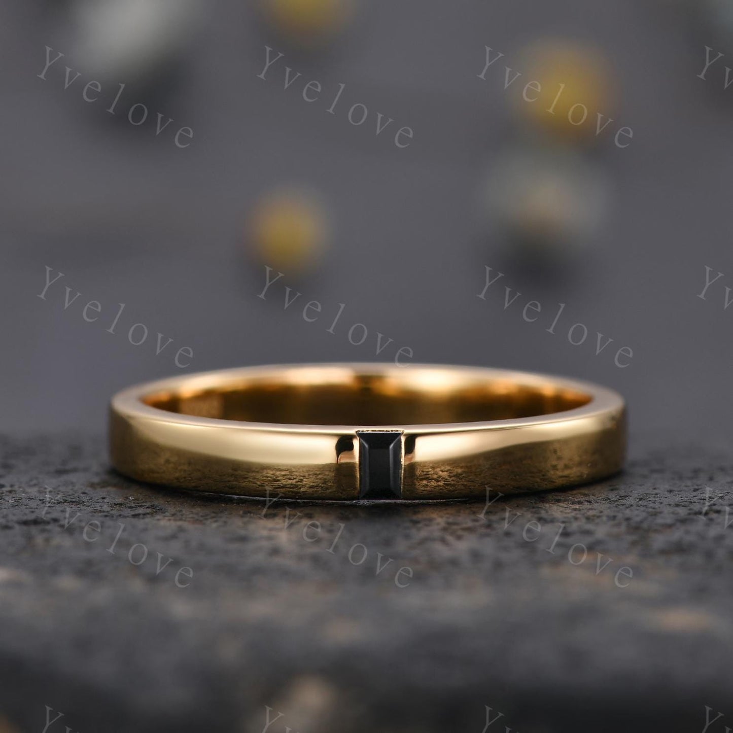 3mm Mens Baguette Black Onyx Wedding Band Natural Onyx Band Solid Gold Ring Mens Smooth Stacking Matching Band Vintage Ring Bridegroom Gift
