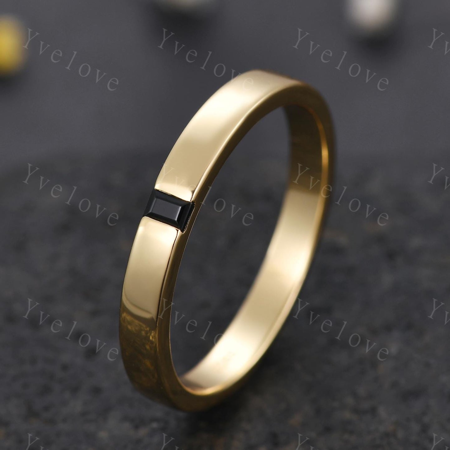 3mm Mens Baguette Black Onyx Wedding Band Natural Onyx Band Solid Gold Ring Mens Smooth Stacking Matching Band Vintage Ring Bridegroom Gift