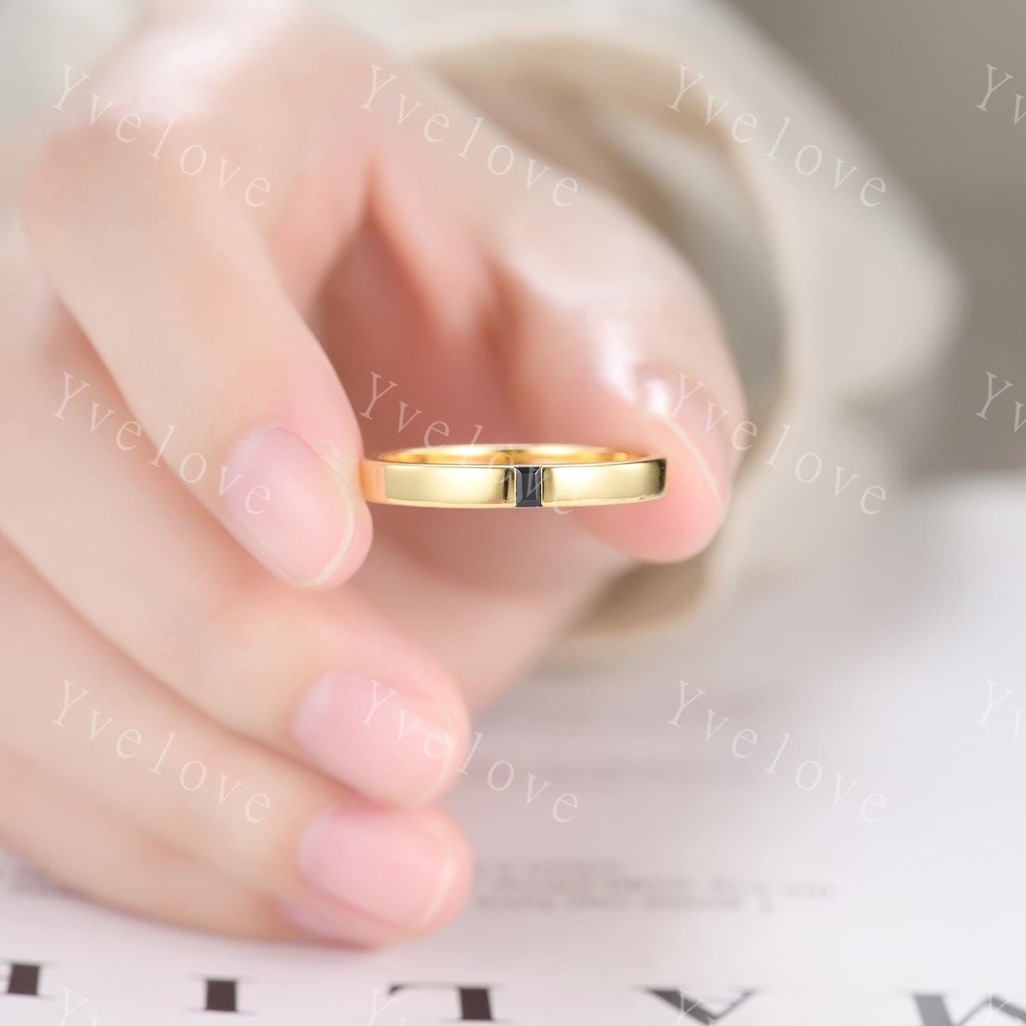 3mm Mens Baguette Black Onyx Wedding Band Natural Onyx Band Solid Gold Ring Mens Smooth Stacking Matching Band Vintage Ring Bridegroom Gift