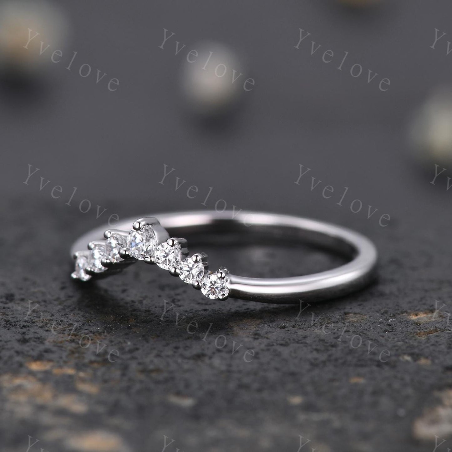 Dainty Moissanite wedding band Art Deco V Curved Moissanite wedding band Sterling Silver Stacking Match Band Bridal Promise Anniversary Gift