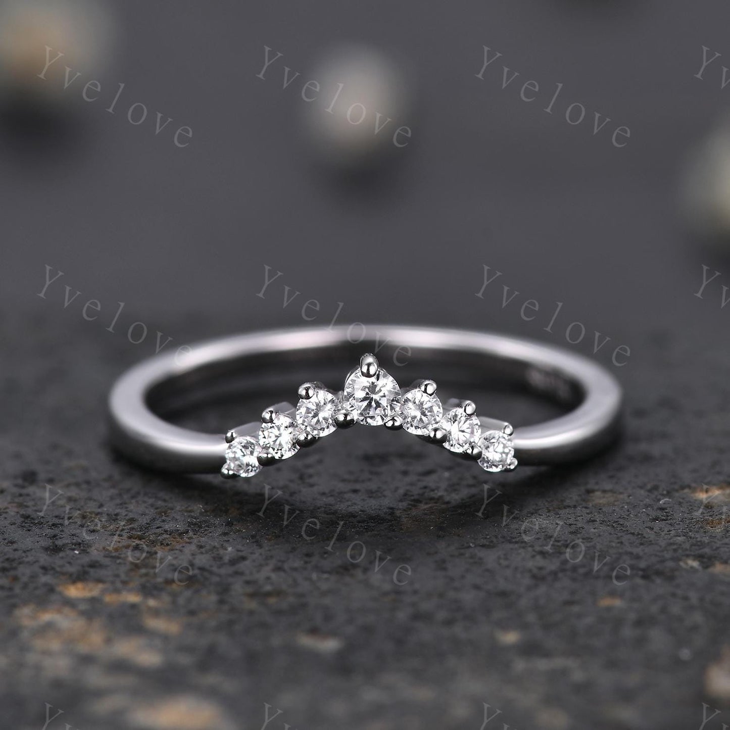 Dainty Moissanite wedding band Art Deco V Curved Moissanite wedding band Sterling Silver Stacking Match Band Bridal Promise Anniversary Gift