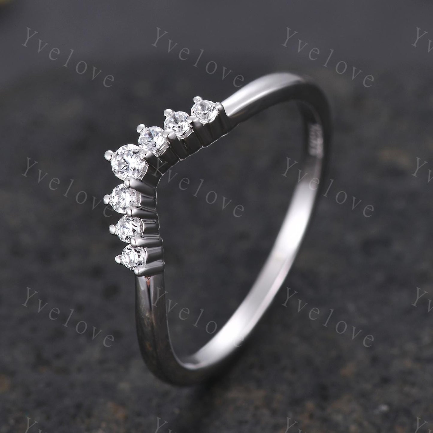 Dainty Moissanite wedding band Art Deco V Curved Moissanite wedding band Sterling Silver Stacking Match Band Bridal Promise Anniversary Gift