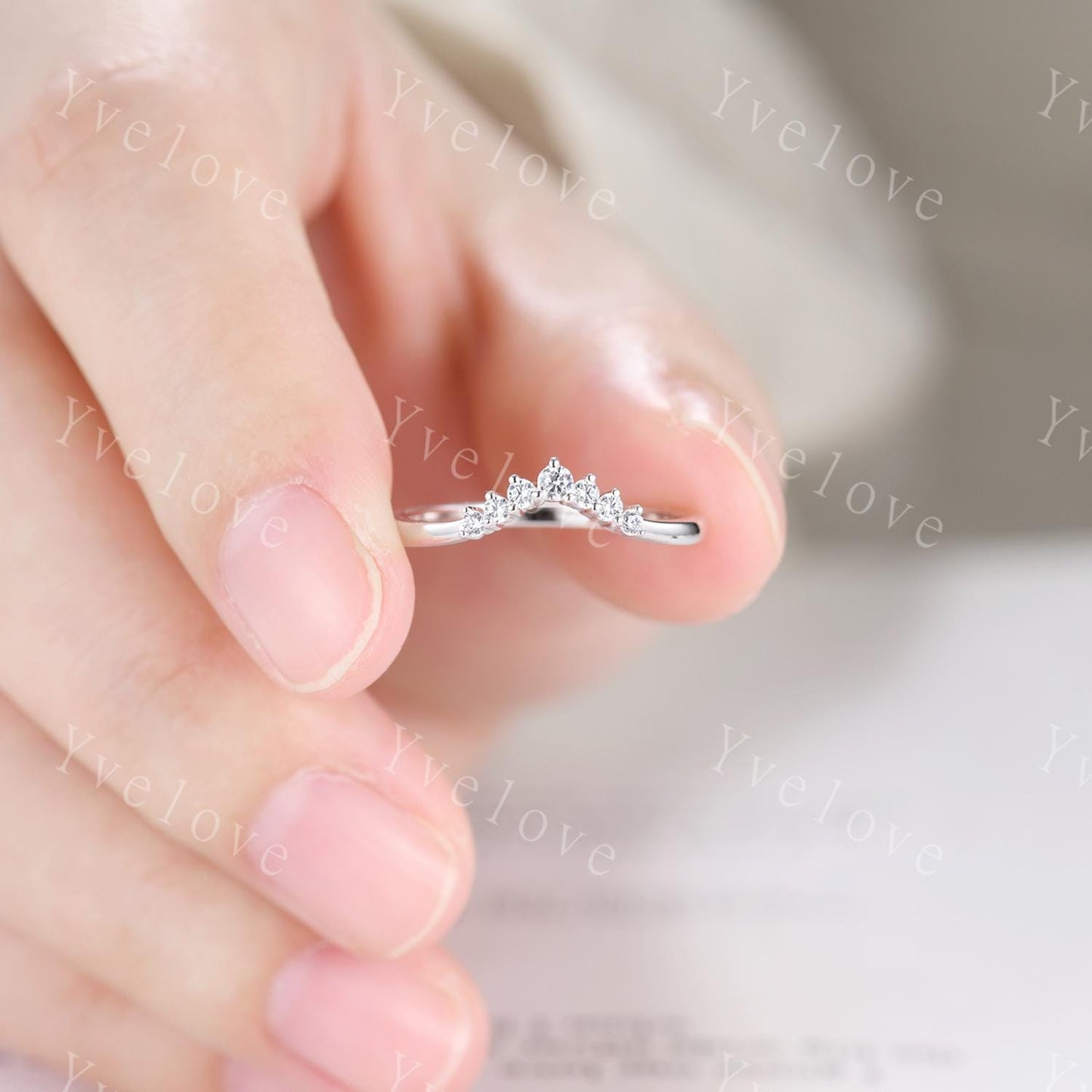 Dainty Moissanite wedding band Art Deco V Curved Moissanite wedding band Sterling Silver Stacking Match Band Bridal Promise Anniversary Gift