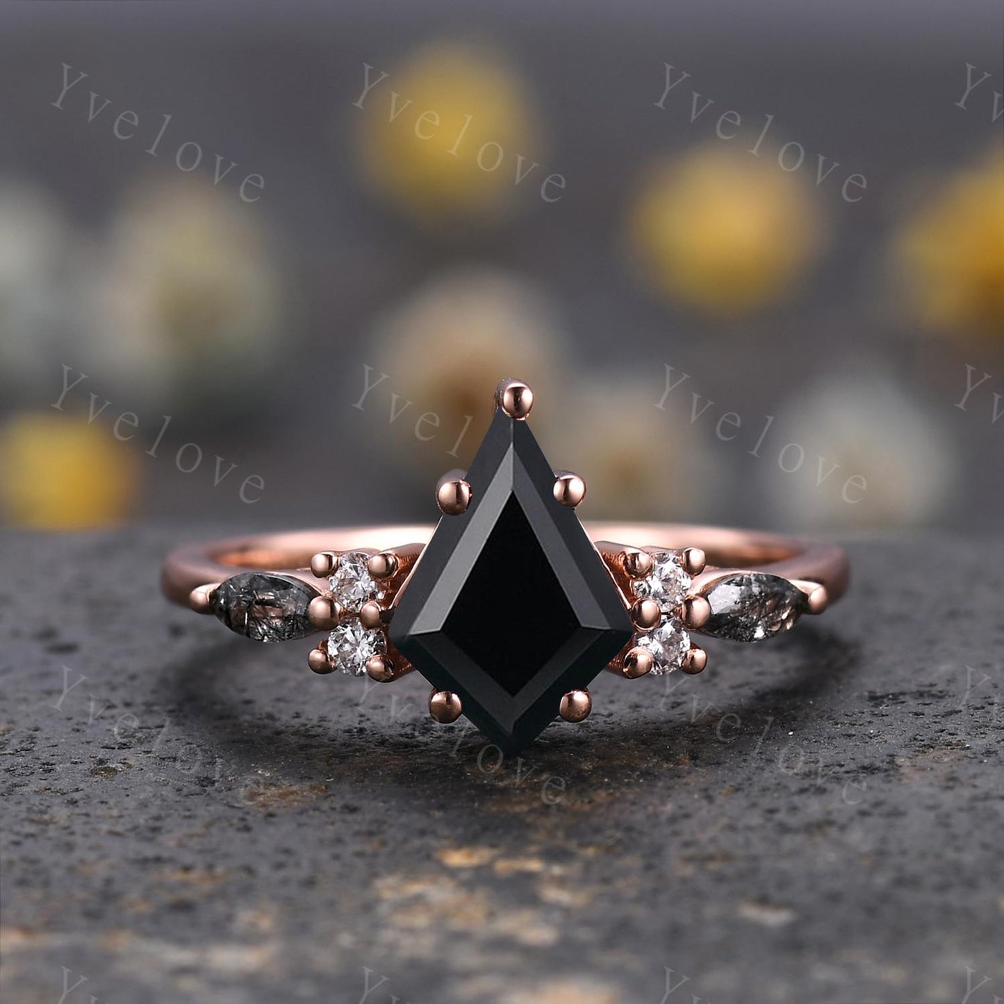 Unique Black Onyx Couples Ring Set Rose Gold Matching Ring His and Hers Wedding Band Promise Ring For Men For Women Natural Black Gemstone