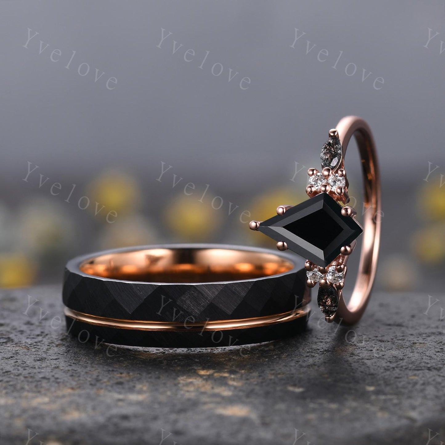 Unique Black Onyx Couples Ring Set Rose Gold Matching Ring His and Hers Wedding Band Promise Ring For Men For Women Natural Black Gemstone