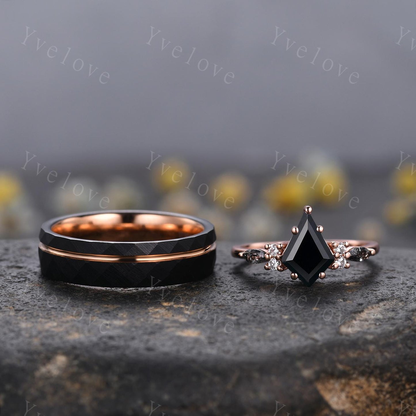 Unique Black Onyx Couples Ring Set Rose Gold Matching Ring His and Hers Wedding Band Promise Ring For Men For Women Natural Black Gemstone