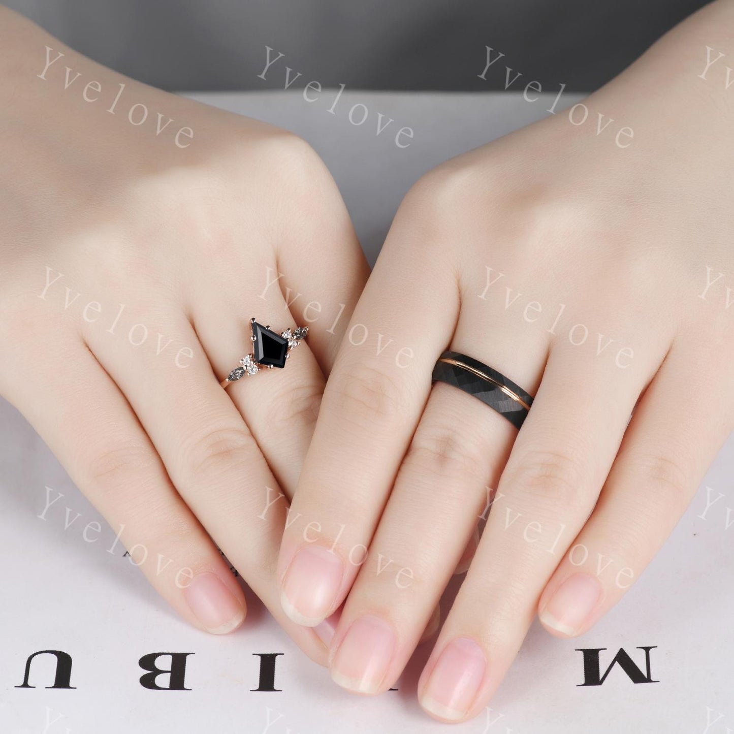 Unique Black Onyx Couples Ring Set Rose Gold Matching Ring His and Hers Wedding Band Promise Ring For Men For Women Natural Black Gemstone