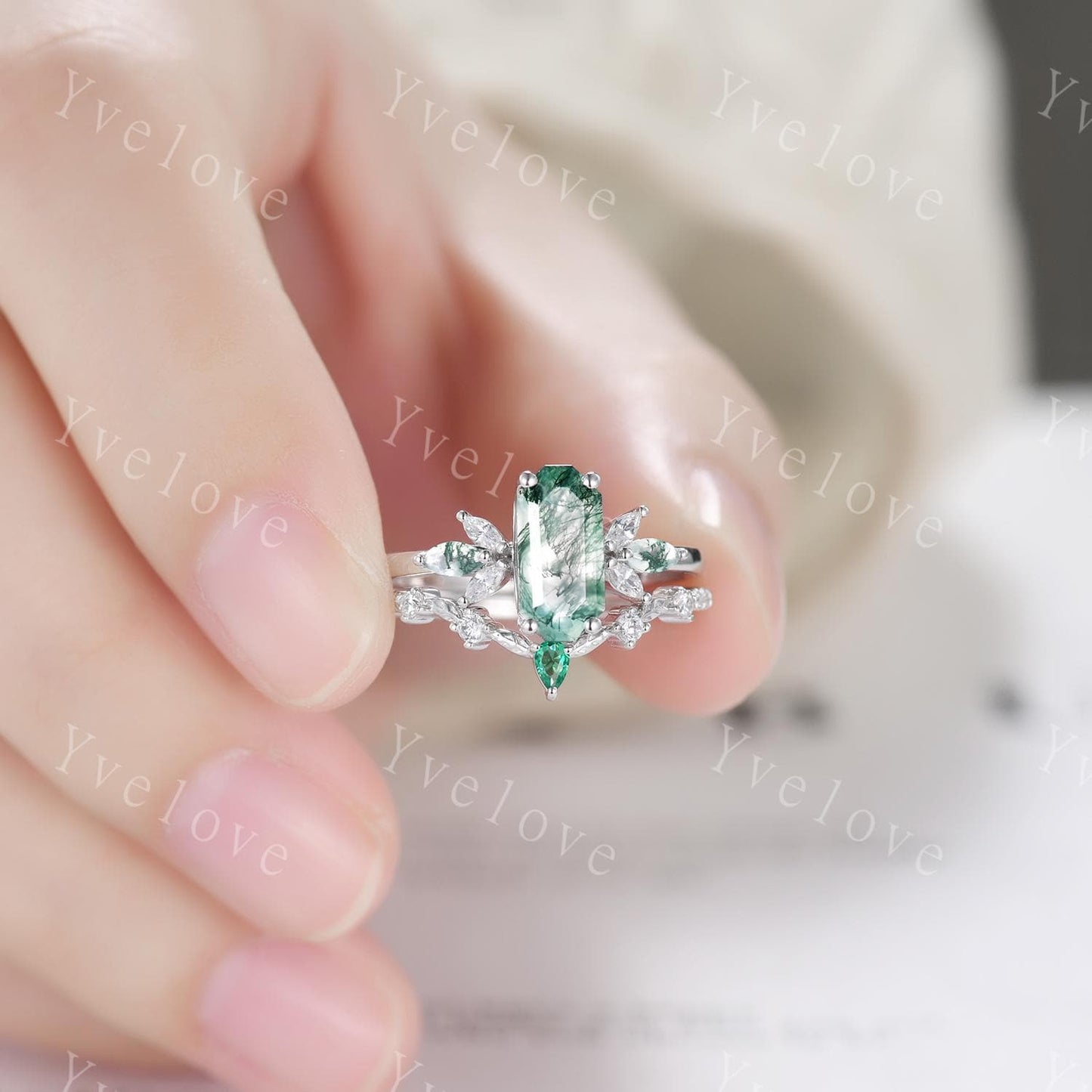 Vintage Emerald cut Moss Agate Engagement Ring Set,Unique Bridal Set Marquise Moissanite Emerald Wedding Band Promise Ring Gift 925 Silver