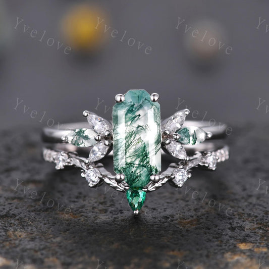 Vintage Emerald cut Moss Agate Engagement Ring Set,Unique Bridal Set Marquise Moissanite Emerald Wedding Band Promise Ring Gift 925 Silver