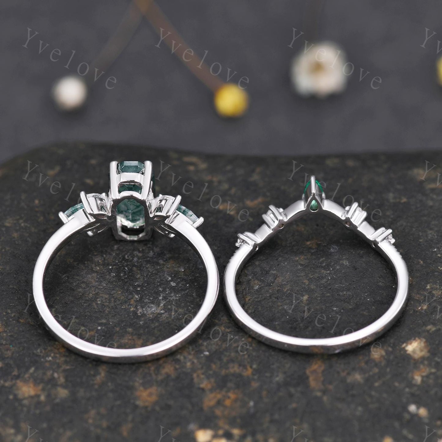 Vintage Emerald cut Moss Agate Engagement Ring Set,Unique Bridal Set Marquise Moissanite Emerald Wedding Band Promise Ring Gift 925 Silver