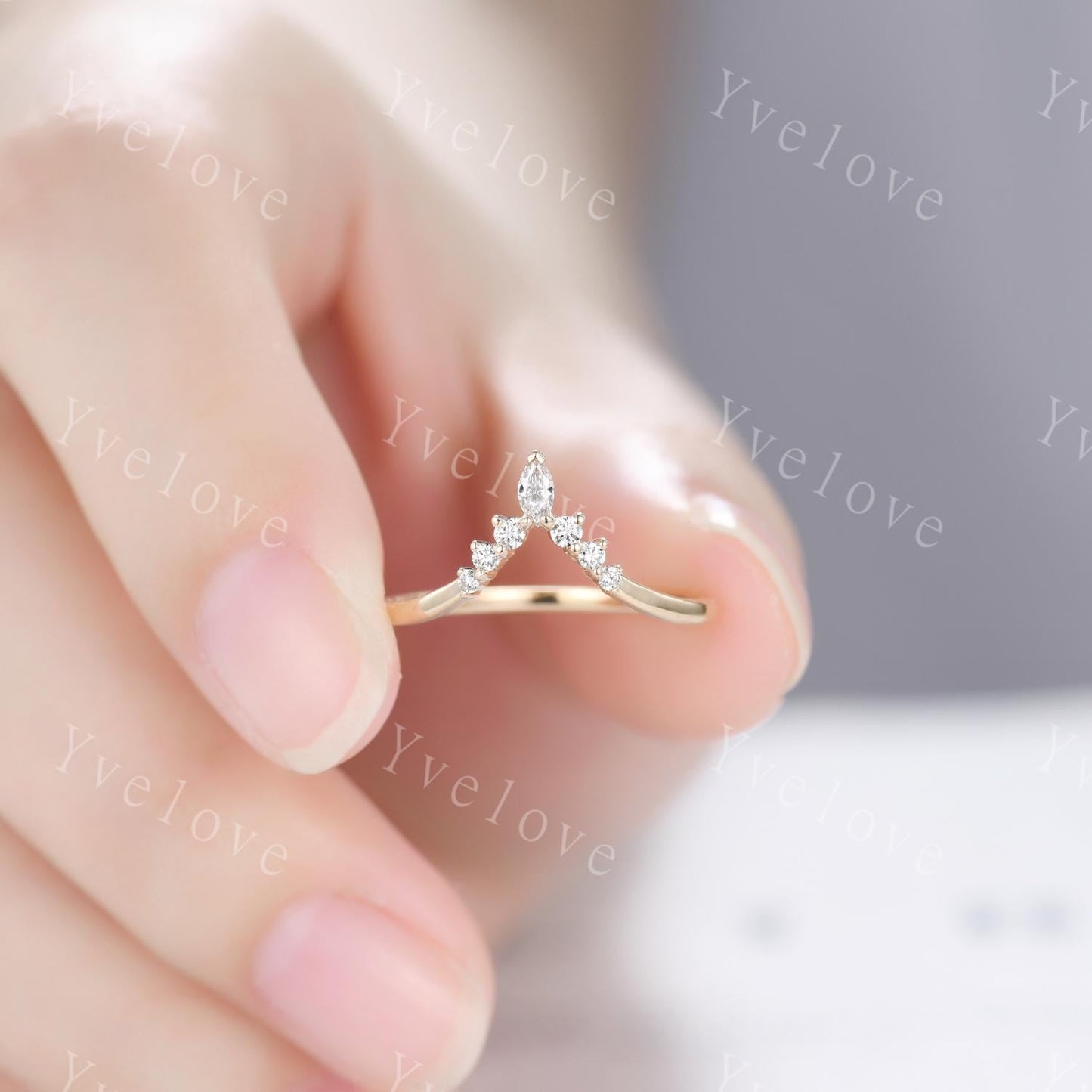 Dainty Marquise Moissanite Wedding Band Solid Gold Curve Ring,V Shaped Chevron Ring Diamond Stackable Matching Band Handmade Gift For Her