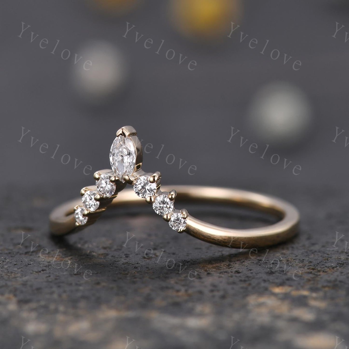 Dainty Marquise Moissanite Wedding Band Solid Gold Curve Ring,V Shaped Chevron Ring Diamond Stackable Matching Band Handmade Gift For Her