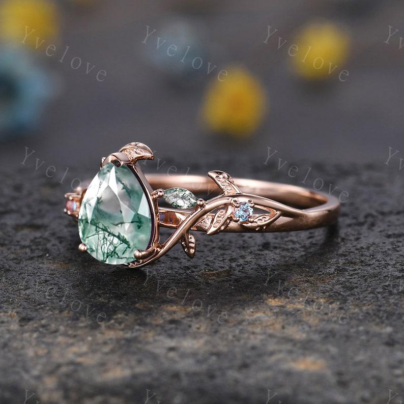 Teardrop Moss Agate Engagement ring 14K Rose Gold Leaf Nature Inspired Bridal Sets Promise Ring Green Gemstone Ring Jewelry gifts for her