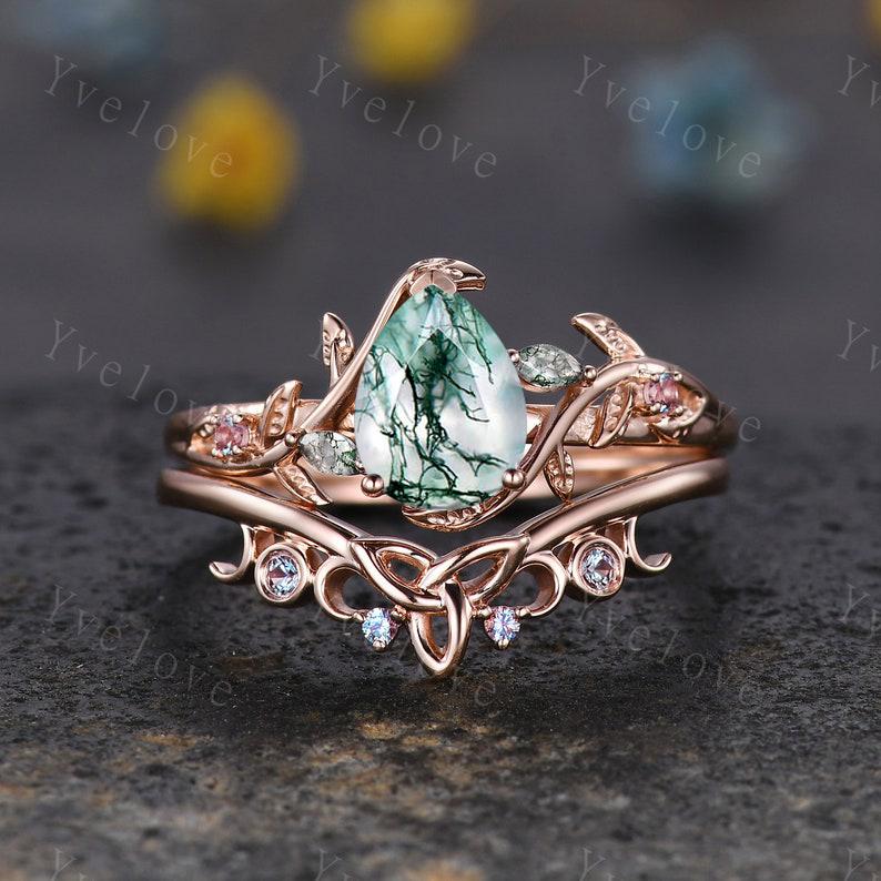 Teardrop Moss Agate Engagement ring 14K Rose Gold Leaf Nature Inspired Bridal Sets Promise Ring Green Gemstone Ring Jewelry gifts for her