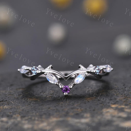 Antique Amethyst Moonstone wedding band alexandrite Ring,Women Twig Matching Band,Art Deco Curved Branch Wedding Band,Birthstone Ring,Silver