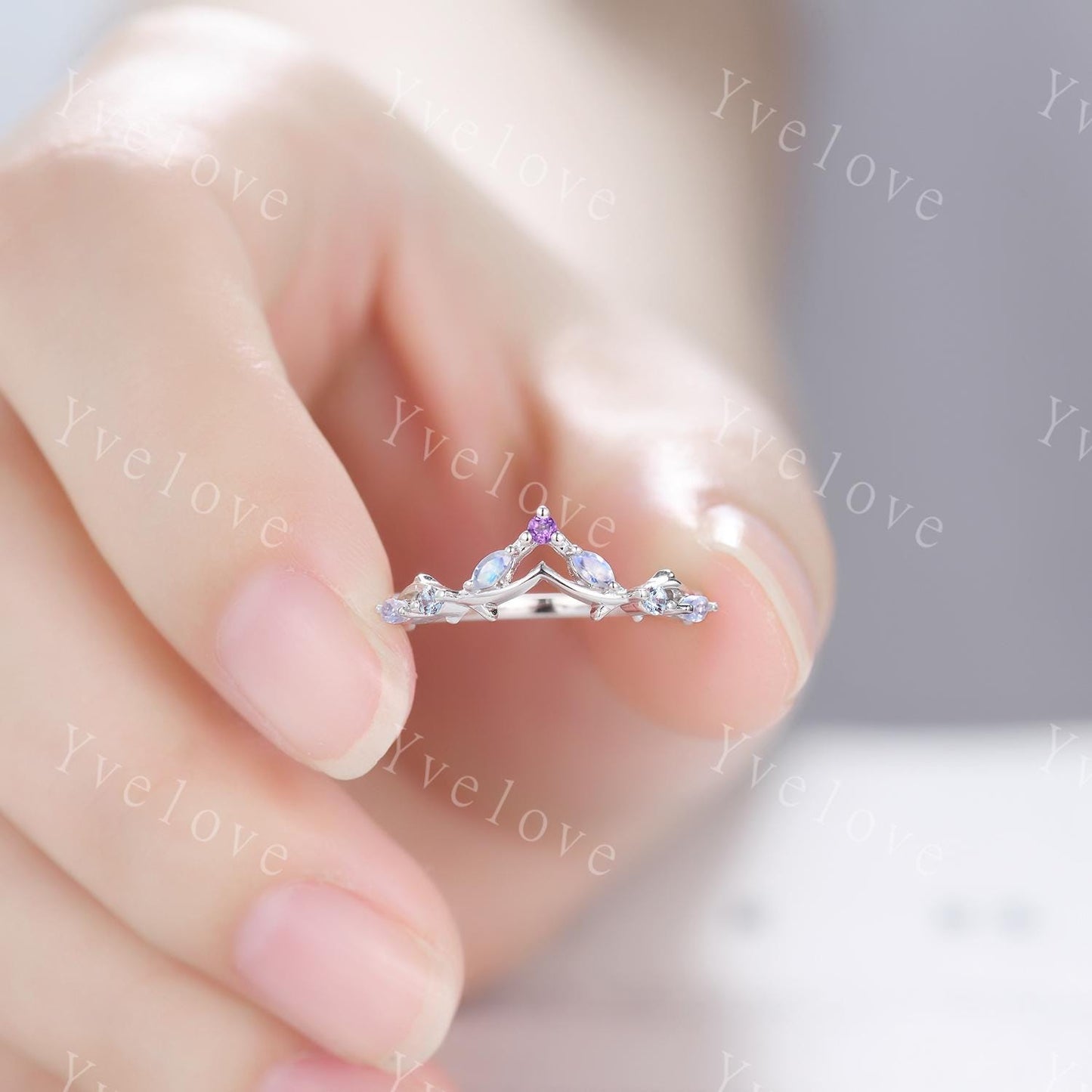 Antique Amethyst Moonstone wedding band alexandrite Ring,Women Twig Matching Band,Art Deco Curved Branch Wedding Band,Birthstone Ring,Silver