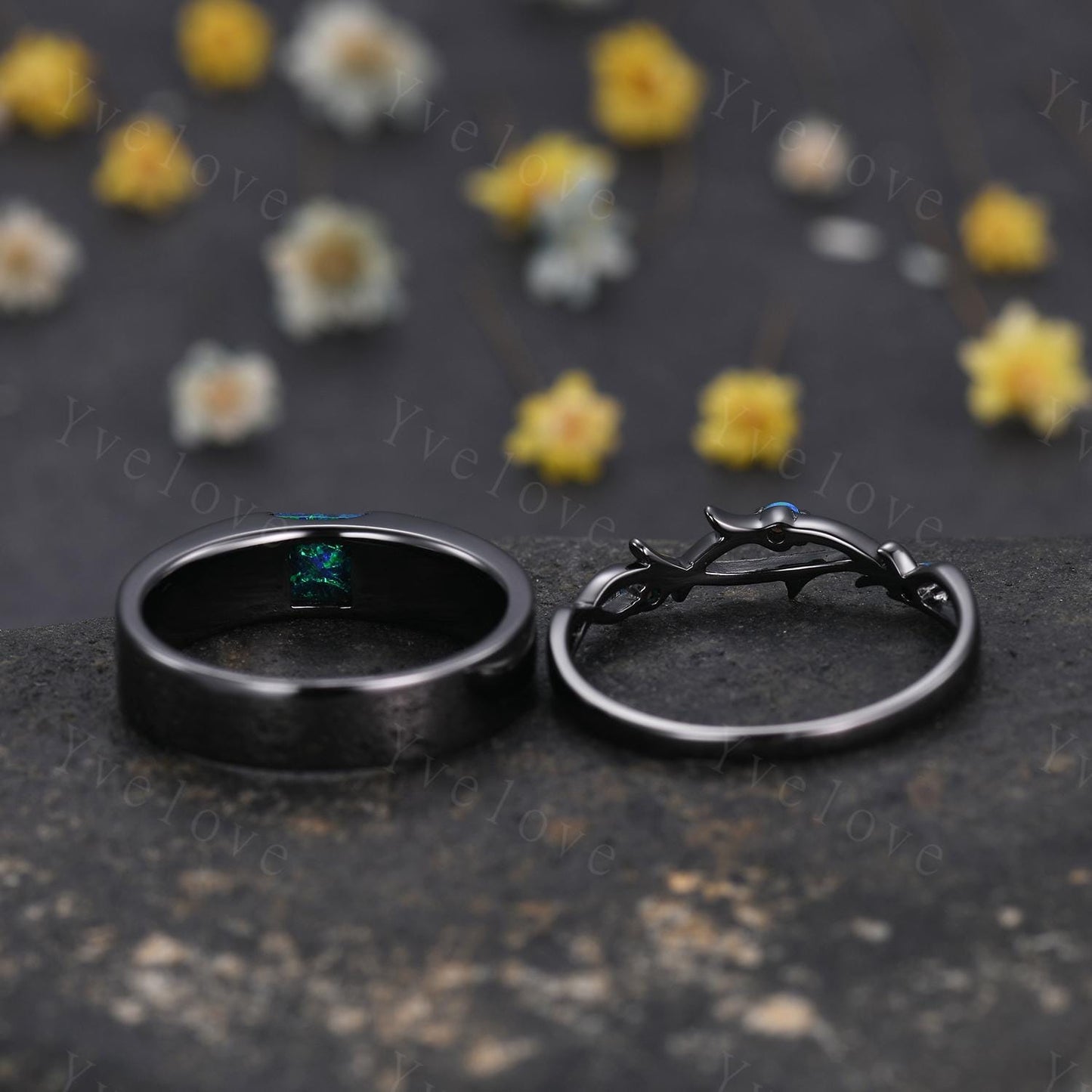 Couples ring set Black Opal ring twig ring for men and women His and Hers wedding band Promise Stacking Matching Band Retro Vintage Gift