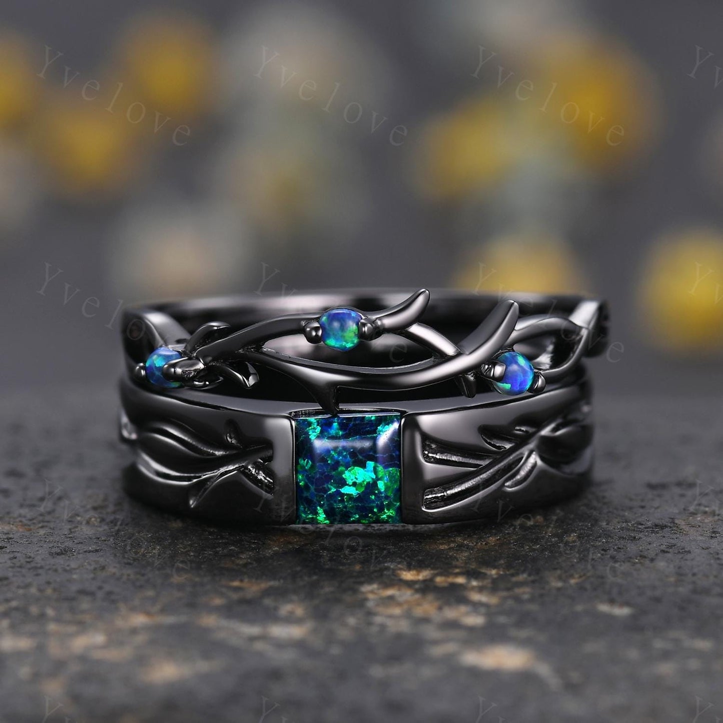 Couples ring set Black Opal ring twig ring for men and women His and Hers wedding band Promise Stacking Matching Band Retro Vintage Gift