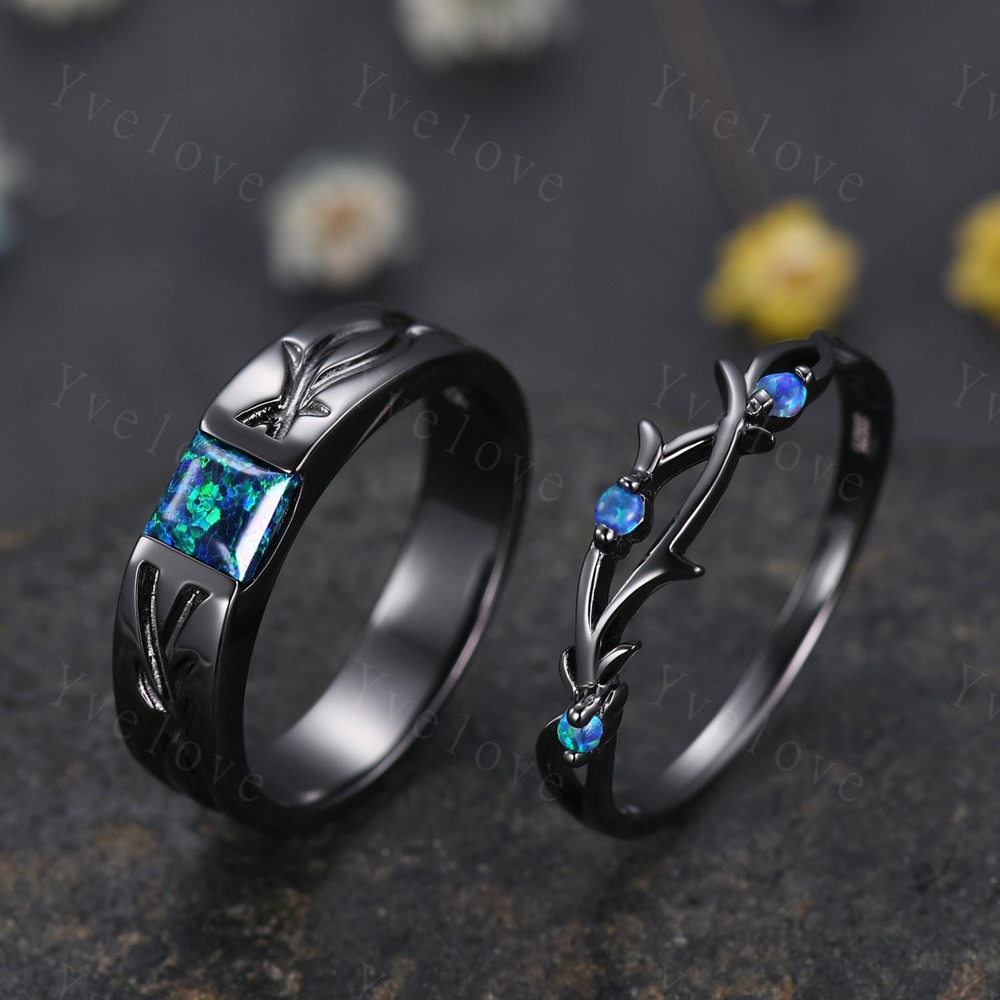 Couples ring set Black Opal ring twig ring for men and women His and Hers wedding band Promise Stacking Matching Band Retro Vintage Gift