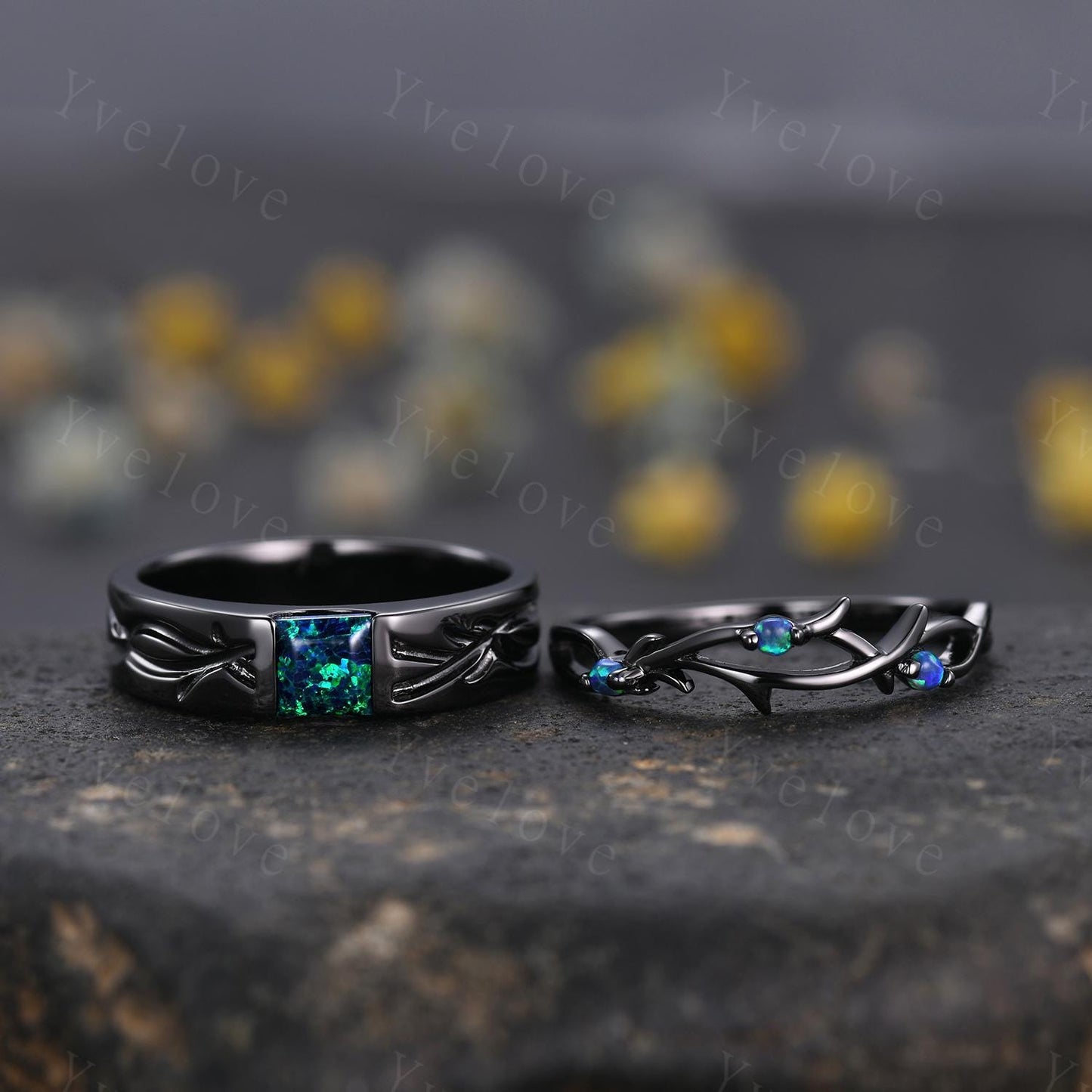 Couples ring set Black Opal ring twig ring for men and women His and Hers wedding band Promise Stacking Matching Band Retro Vintage Gift