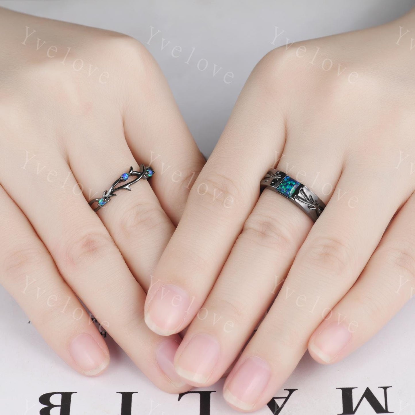 Couples ring set Black Opal ring twig ring for men and women His and Hers wedding band Promise Stacking Matching Band Retro Vintage Gift