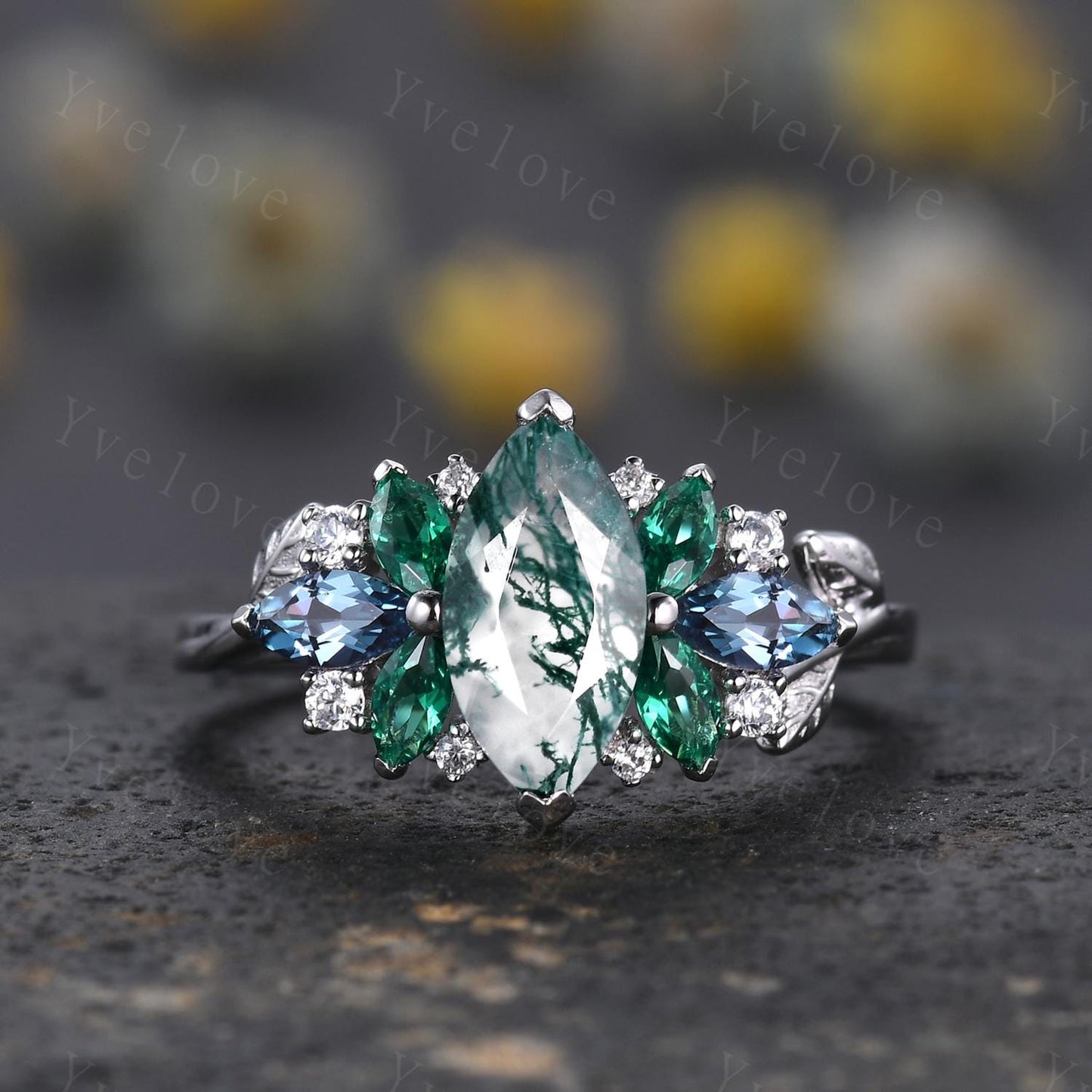 Vintage Marquise Moss Agate engagement ring,Unique Green Emerald Ring,Marquise Topaz Leaves Cluster Ring,Women Bridal Promise Wedding Band