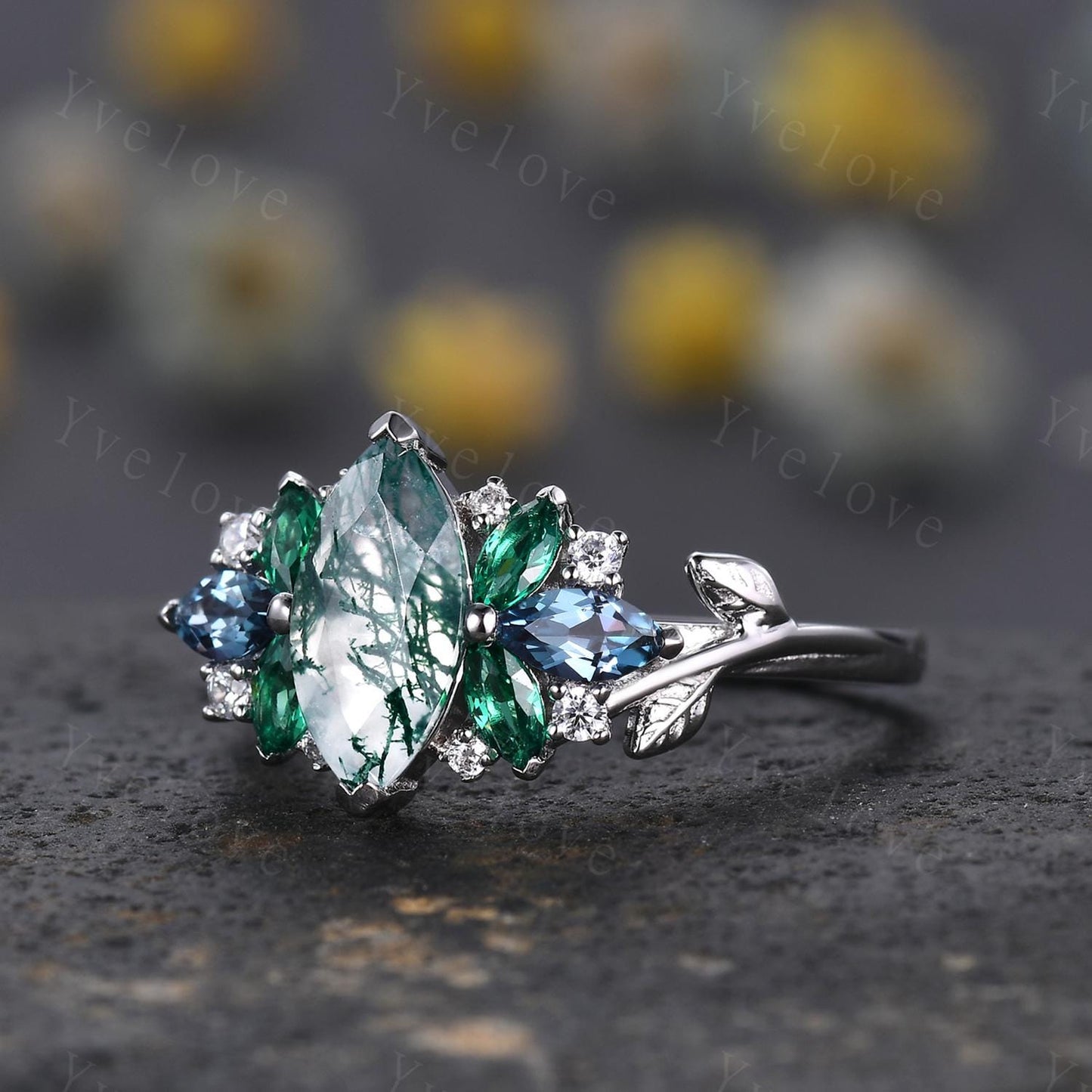 Vintage Marquise Moss Agate engagement ring,Unique Green Emerald Ring,Marquise Topaz Leaves Cluster Ring,Women Bridal Promise Wedding Band