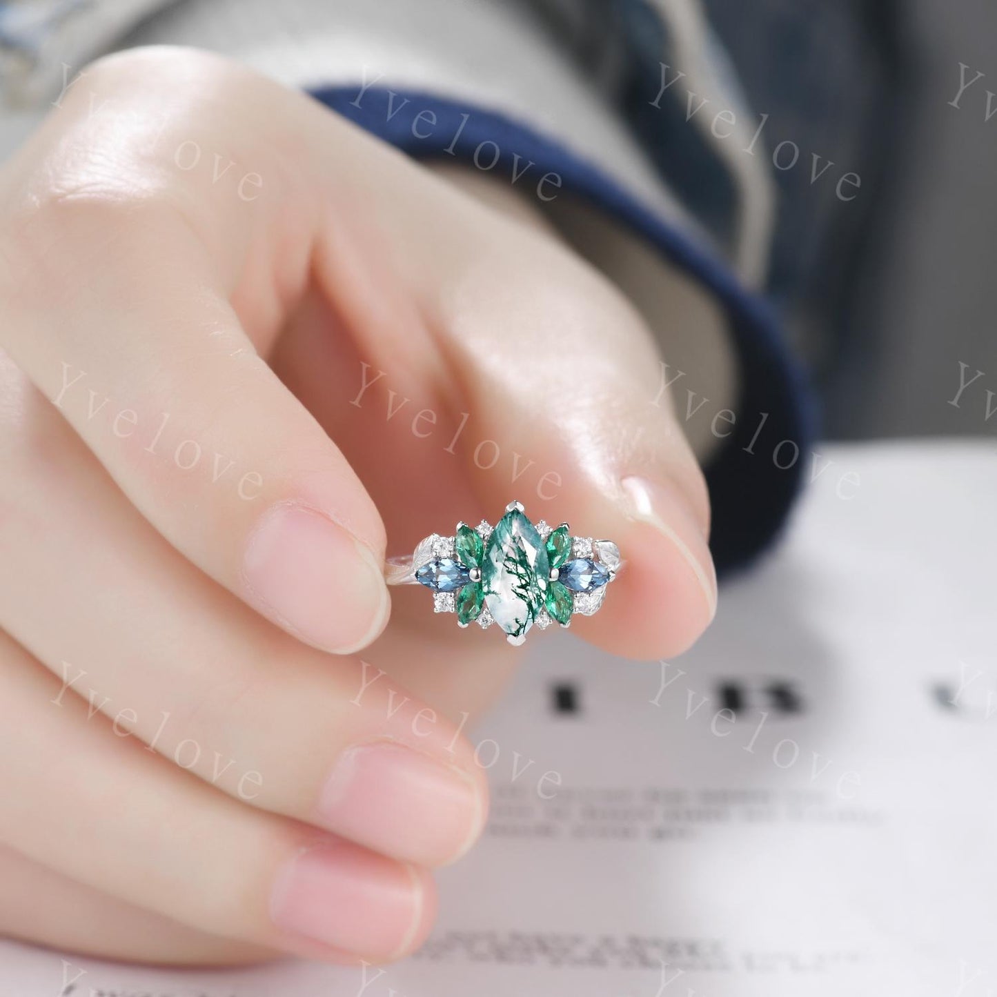 Vintage Marquise Moss Agate engagement ring,Unique Green Emerald Ring,Marquise Topaz Leaves Cluster Ring,Women Bridal Promise Wedding Band
