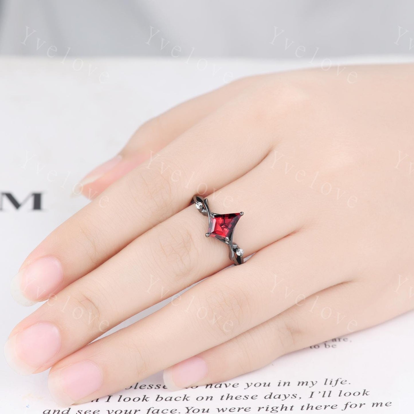 Vintage Kite Cut Red Garnet Engagement Ring,Black Gold Twig Vines Diamond Bridal Ring,Branch Ring,Dainty Twig Diamond Ring Promise Gift