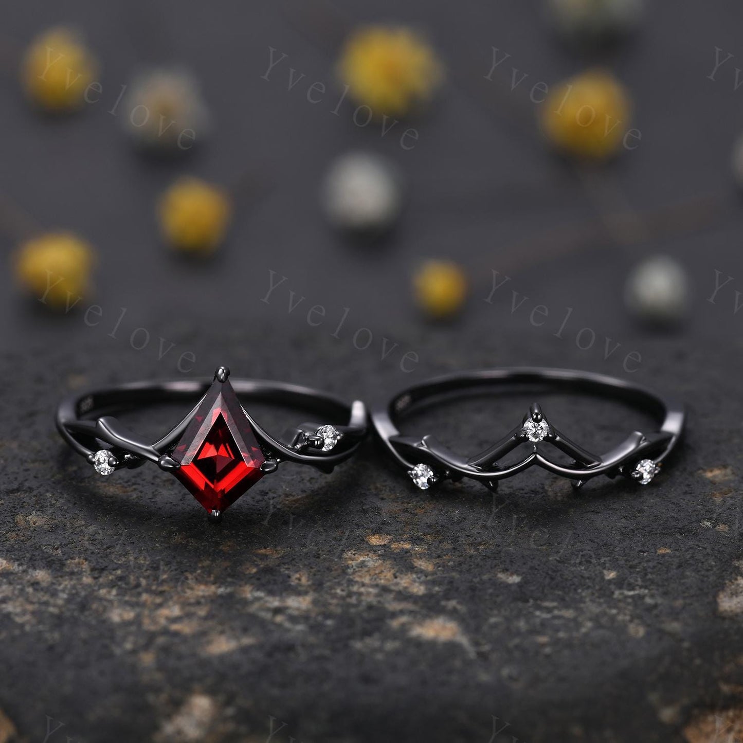 Vintage Kite Cut Red Garnet Engagement Ring Set,Black Gold Twig Vines Diamond Bridal Set,Branch Ring,Dainty Twig Diamond Ring Promise Gift