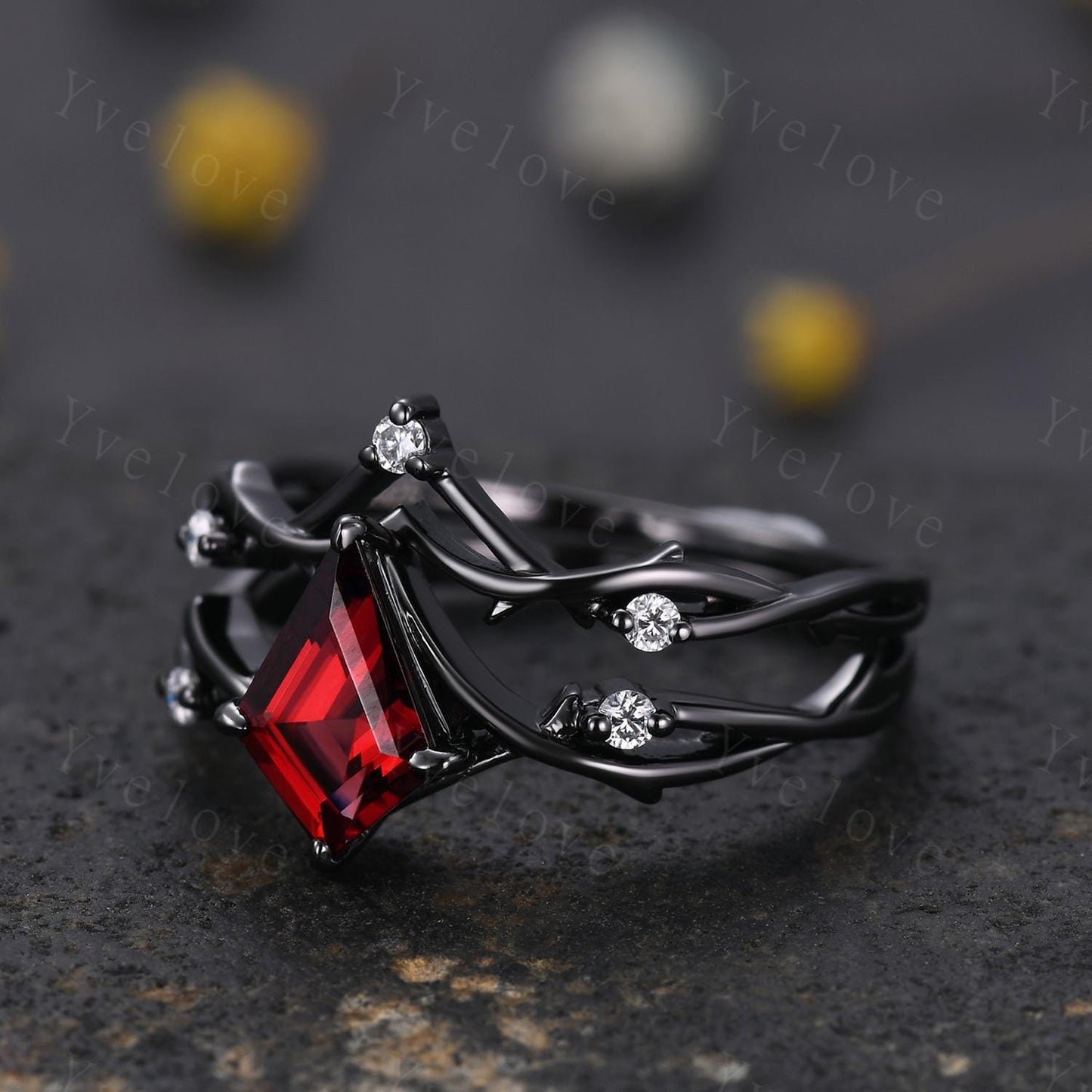 Vintage Kite Cut Red Garnet Engagement Ring Set,Black Gold Twig Vines Diamond Bridal Set,Branch Ring,Dainty Twig Diamond Ring Promise Gift