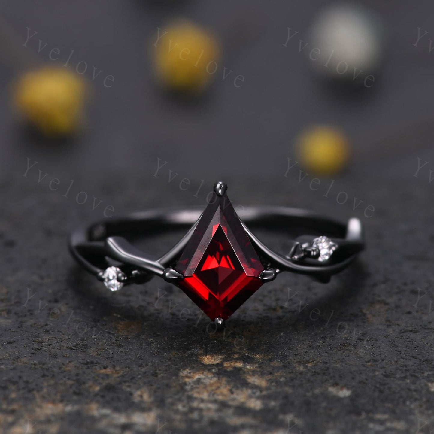Vintage Kite Cut Red Garnet Engagement Ring,Black Gold Twig Vines Diamond Bridal Ring,Branch Ring,Dainty Twig Diamond Ring Promise Gift