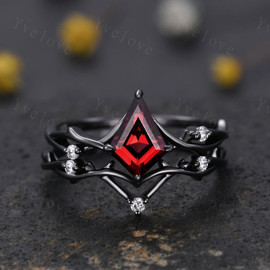 Vintage Kite Cut Red Garnet Engagement Ring Set,Black Gold Twig Vines Diamond Bridal Set,Branch Ring,Dainty Twig Diamond Ring Promise Gift