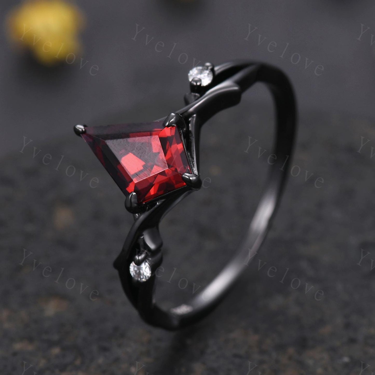 Vintage Kite Cut Red Garnet Engagement Ring,Black Gold Twig Vines Diamond Bridal Ring,Branch Ring,Dainty Twig Diamond Ring Promise Gift