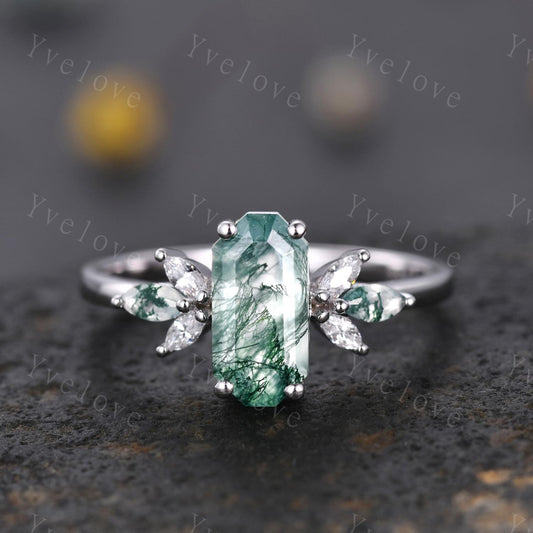 Vintage Emerald cut Moss Agate Engagement Ring,Unique Bridal Ring Marquise Moissanite Emerald Wedding Band Promise Ring Gift 925 Silver
