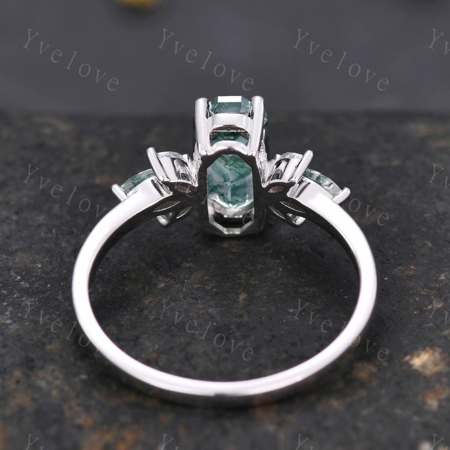 Vintage Emerald cut Moss Agate Engagement Ring,Unique Bridal Ring Marquise Moissanite Emerald Wedding Band Promise Ring Gift 925 Silver