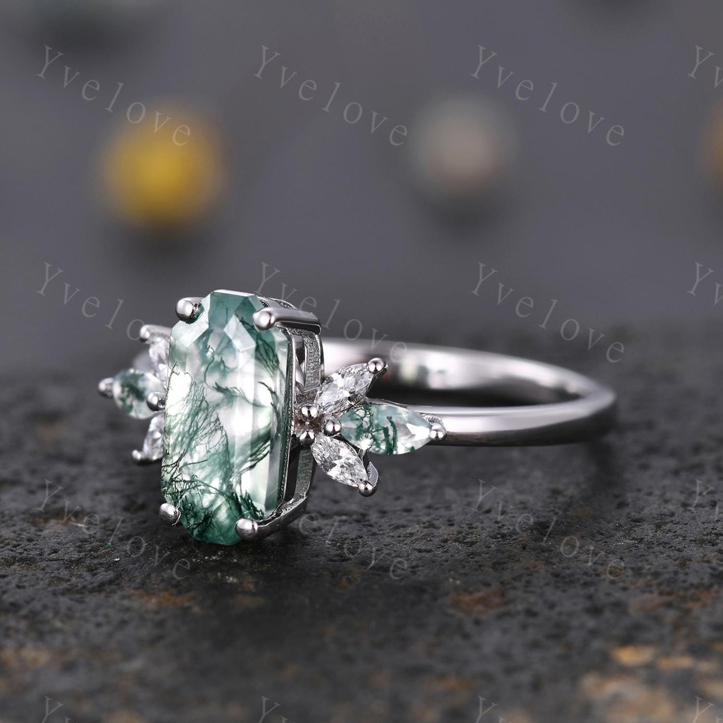Vintage Emerald cut Moss Agate Engagement Ring,Unique Bridal Ring Marquise Moissanite Emerald Wedding Band Promise Ring Gift 925 Silver