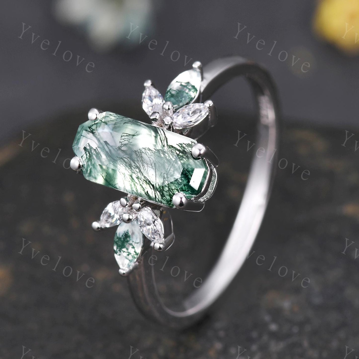 Vintage Emerald cut Moss Agate Engagement Ring,Unique Bridal Ring Marquise Moissanite Emerald Wedding Band Promise Ring Gift 925 Silver