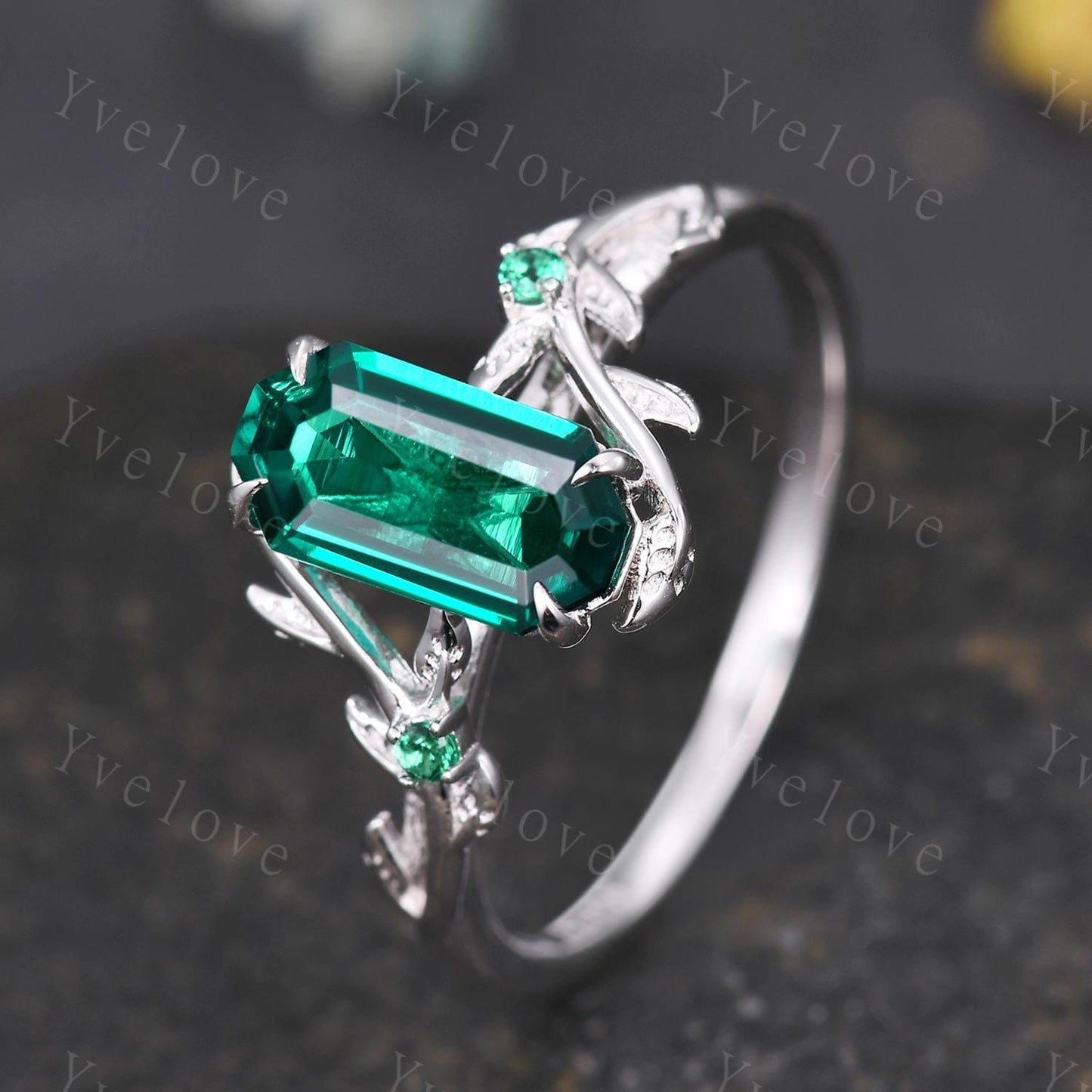 Art deco Emerald Twig Engagement Ring,leaves emerald ring,14k white gold,Curved emerald stacking wedding band,Unique Bridal Promise Gift