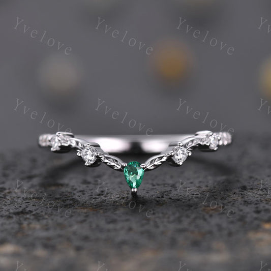 Minimalist Pear Emerald Engagement Ring,Diamond Leaves Matching Band,Women Vine Band,Art Deco V Curved Wedding Band,White Gold Ring Gift