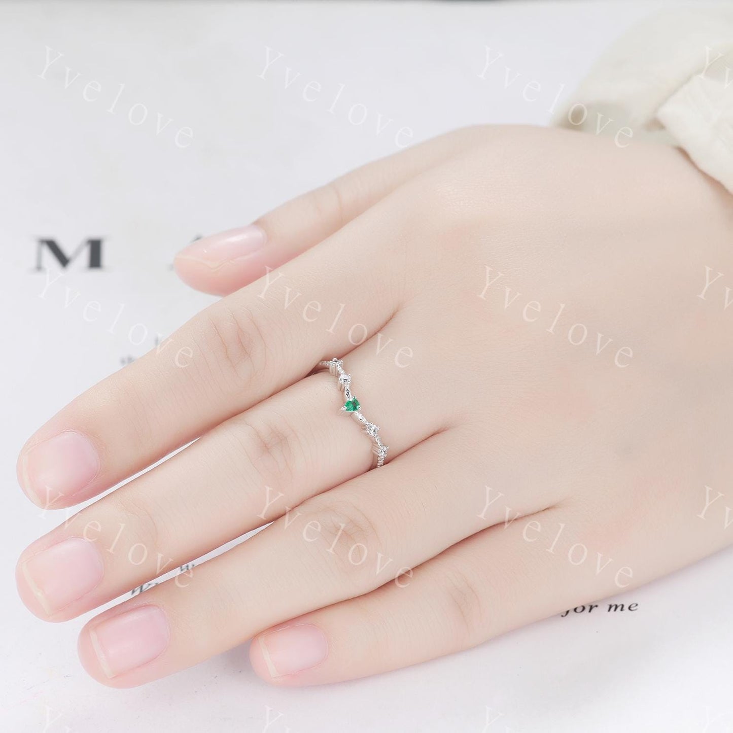 Minimalist Pear Emerald Engagement Ring,Diamond Leaves Matching Band,Women Vine Band,Art Deco V Curved Wedding Band,White Gold Ring Gift