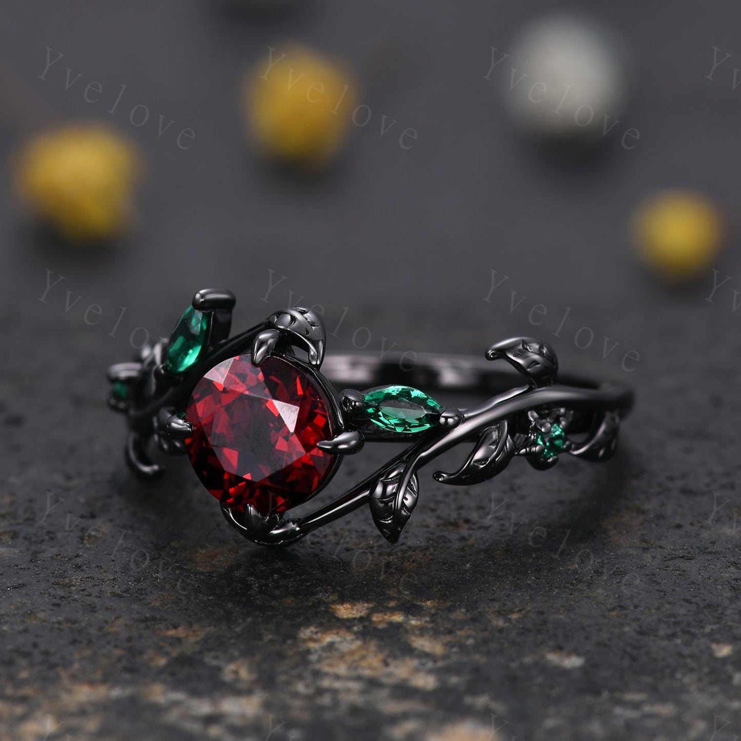 Vintage Round Red Garnet Engagement Ring Set,Black Gold Ring,Cluster Leaf Vine Emerald Wedding Ring,Women Bridal Ring,Art Deco Promise Gift