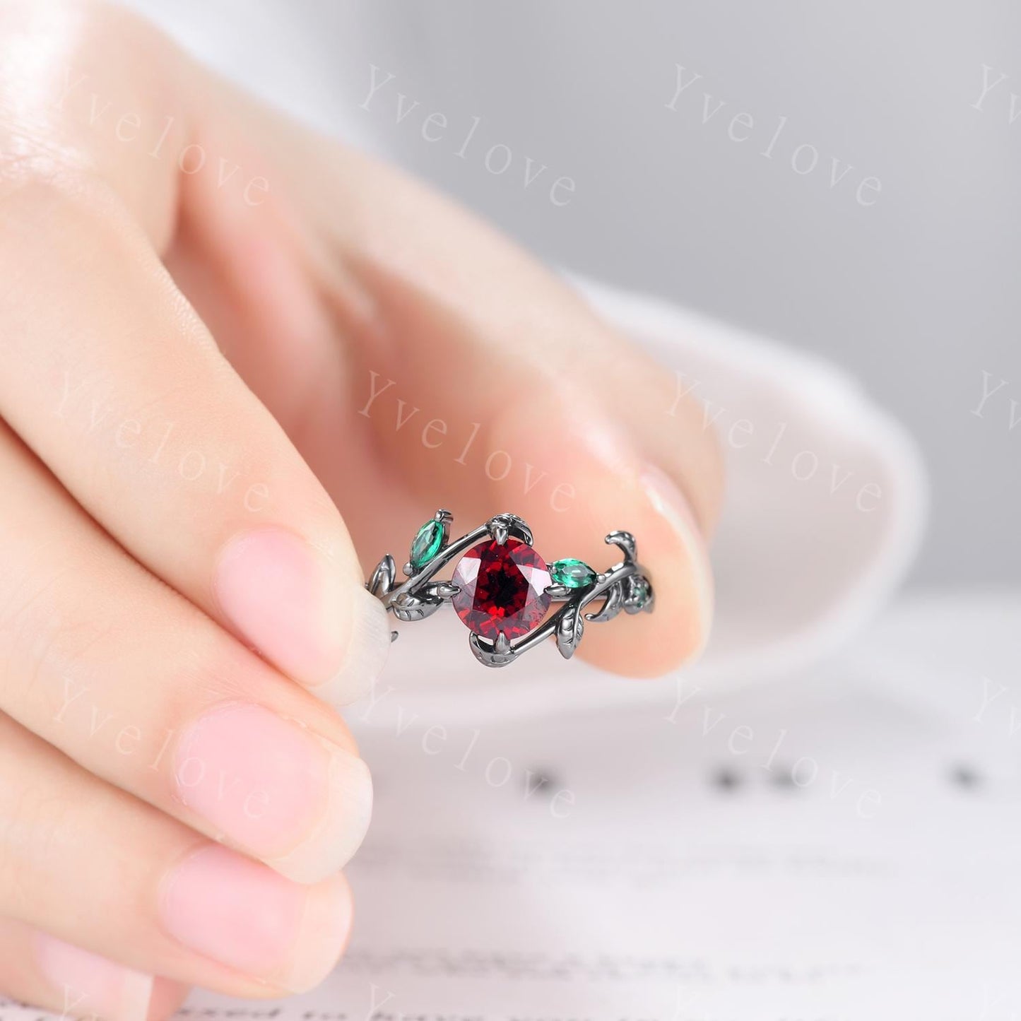 Vintage Round Red Garnet Engagement Ring,Silver Black Gold,Cluster Leaf Vine Emerald Wedding Ring,Women Bridal Ring,Art Deco Promise Gift