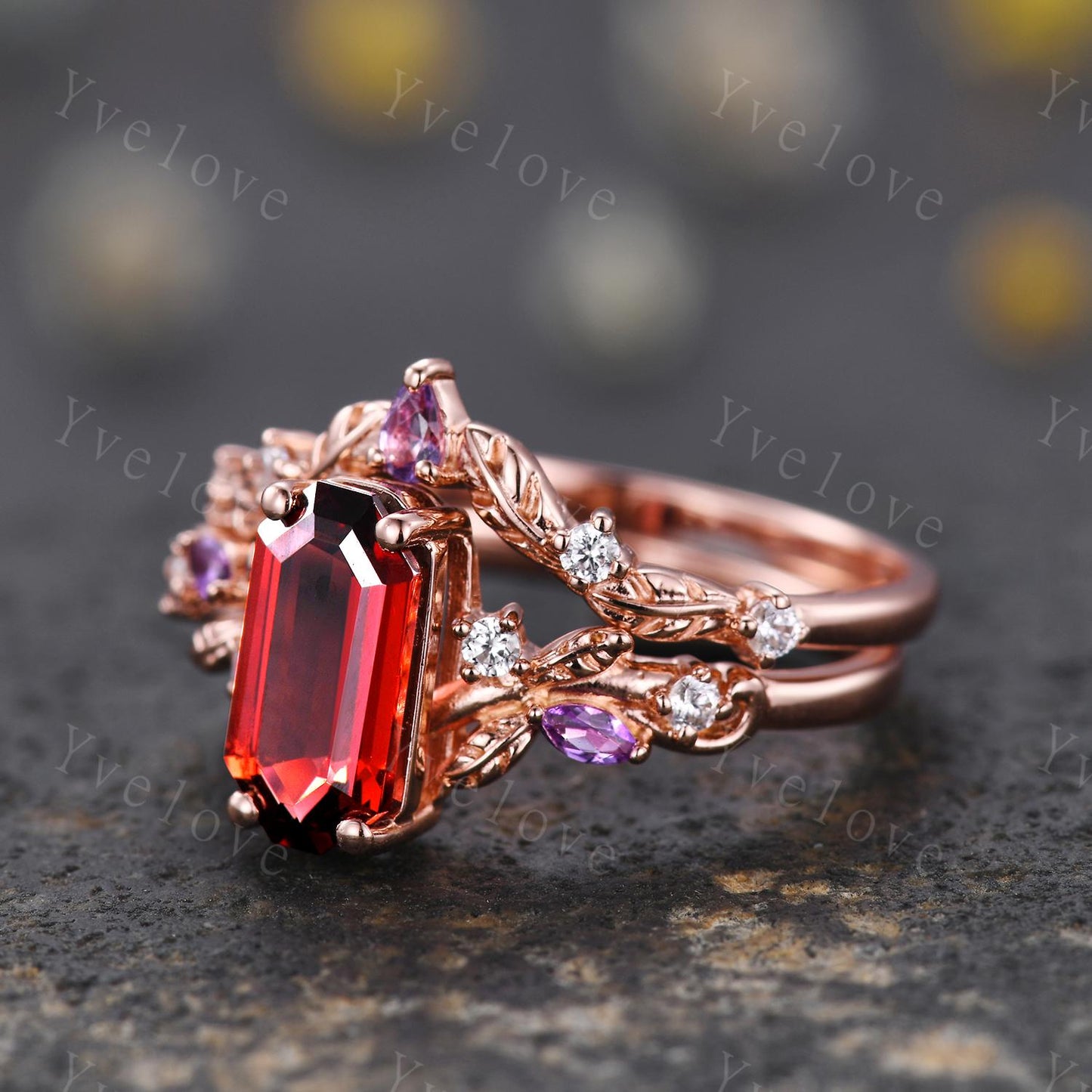 Emerald red garnet engagement ring set,Art deco leaves amethyst ring,rose gold,diamond stacking wedding band,Unique Bridal Promise Gift