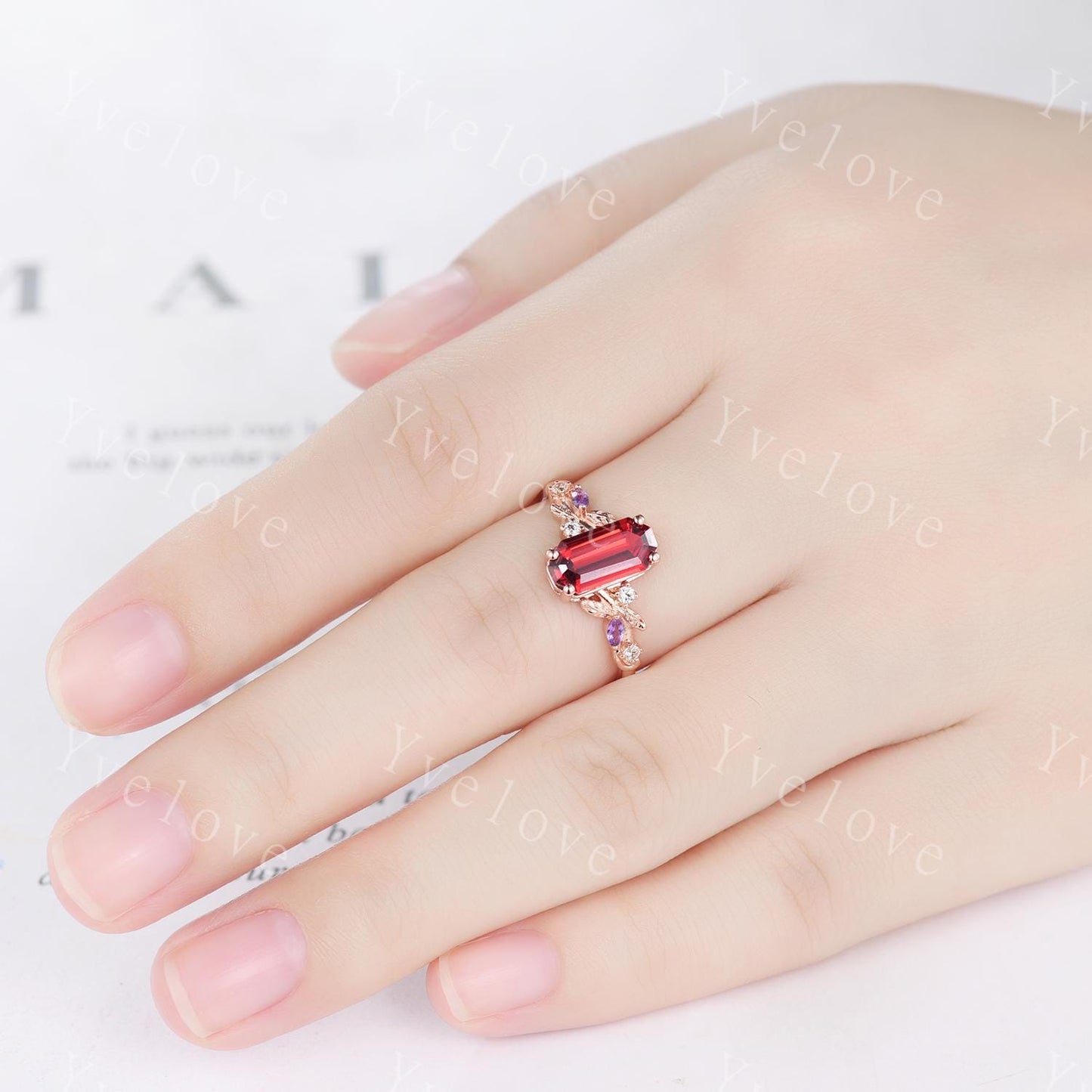 Emerald cut red garnet engagement ring,Art deco leaves amethyst ring,14k rose gold,diamond stacking wedding band,Unique Bridal Promise Gift
