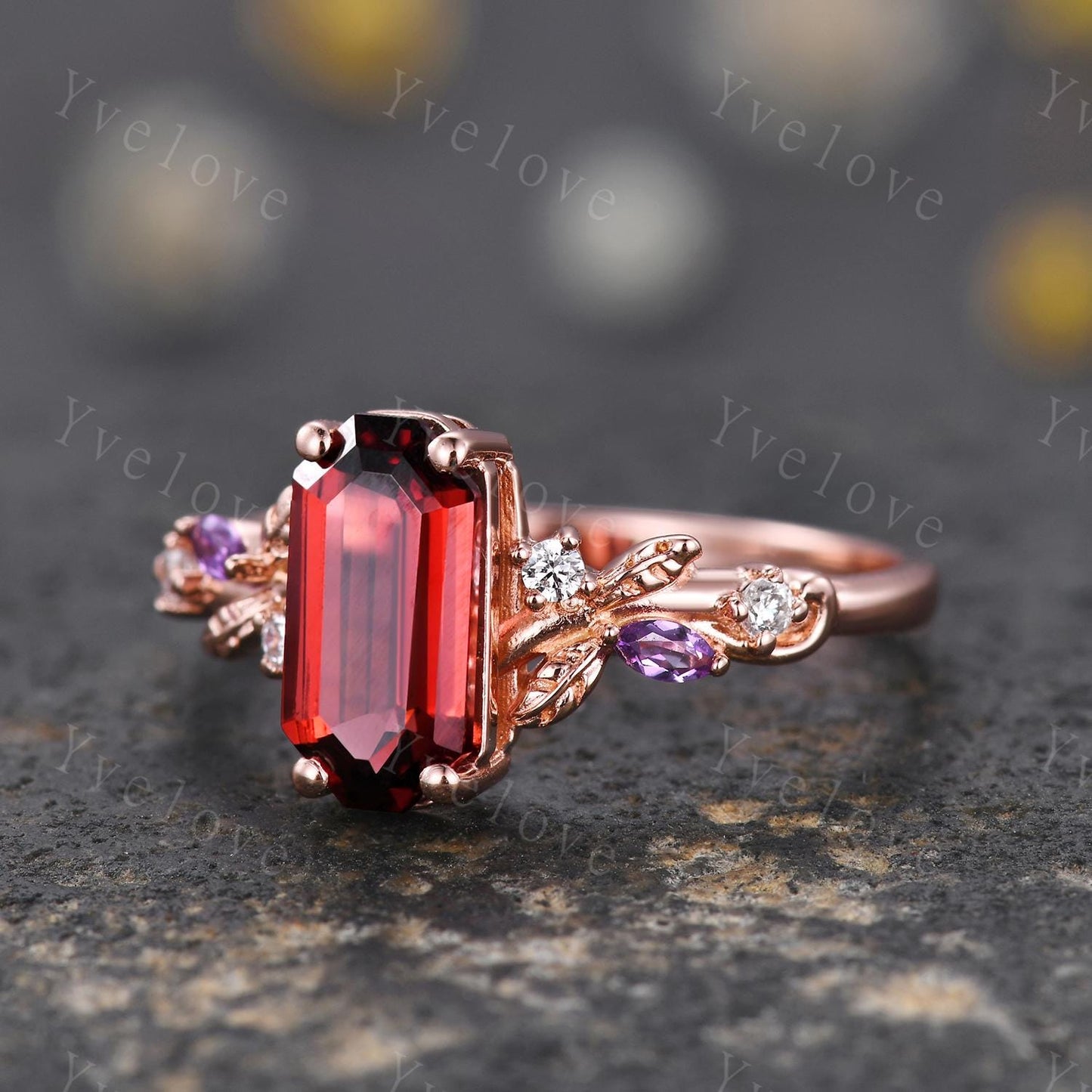 Emerald cut red garnet engagement ring,Art deco leaves amethyst ring,14k rose gold,diamond stacking wedding band,Unique Bridal Promise Gift