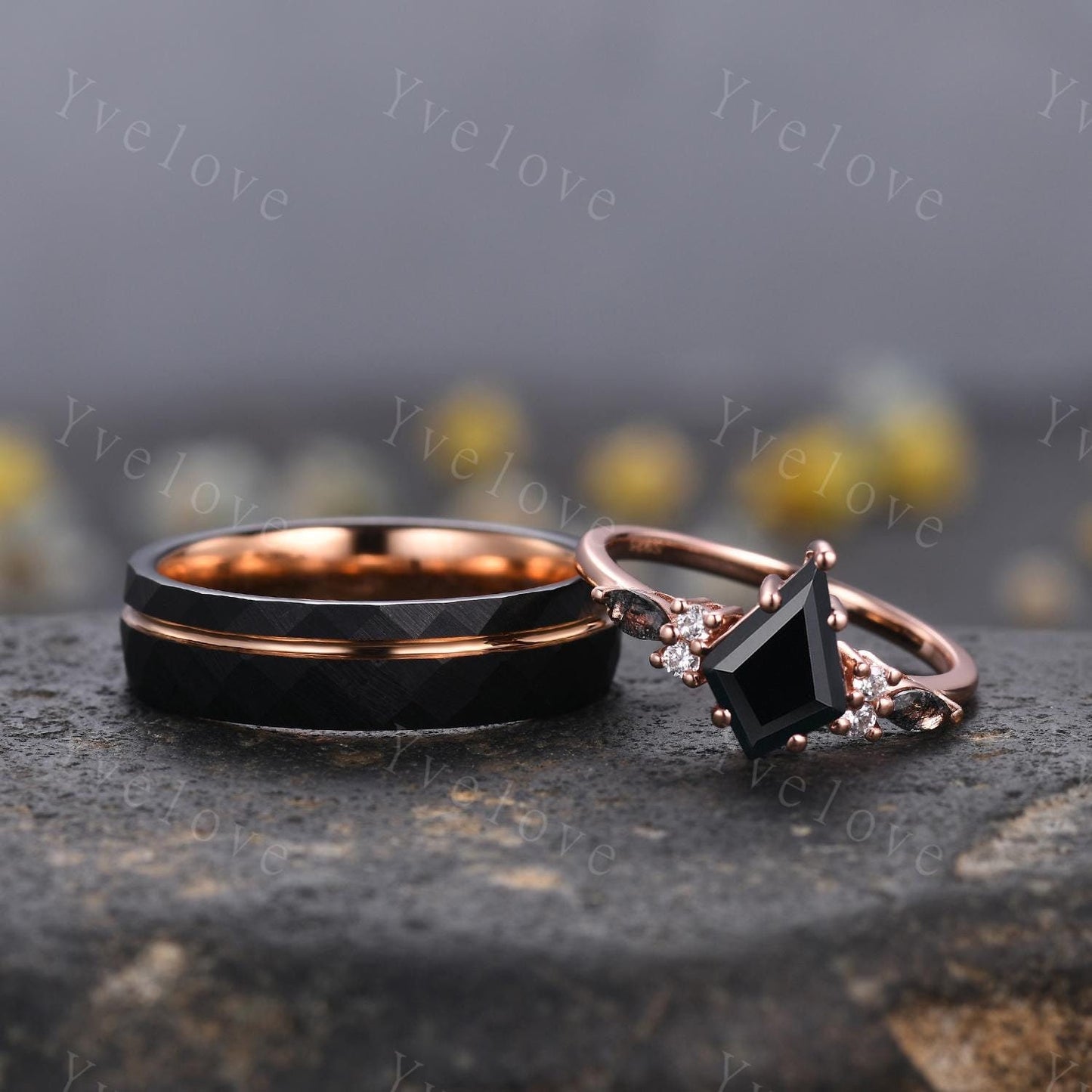 Unique Black Onyx Couples Ring Set Rose Gold Matching Ring His and Hers Wedding Band Promise Ring For Men For Women Natural Black Gemstone