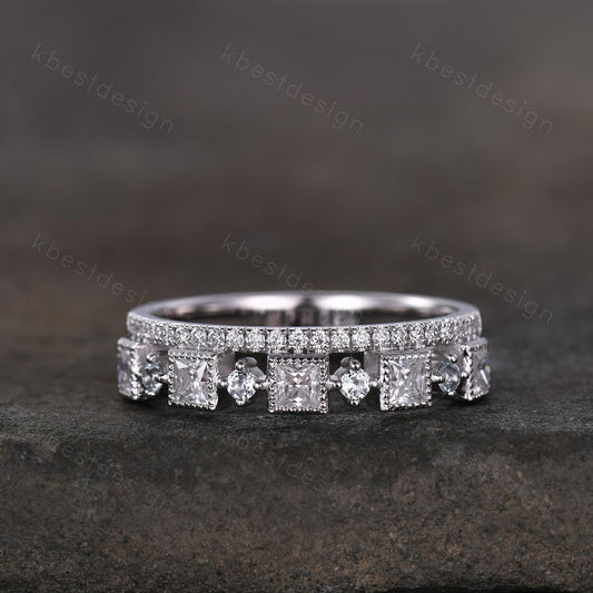 2mm princess cut Moissanite wedding band white gold milgrain bezel set wedding band art deco stacking matching band unique anniversary gift