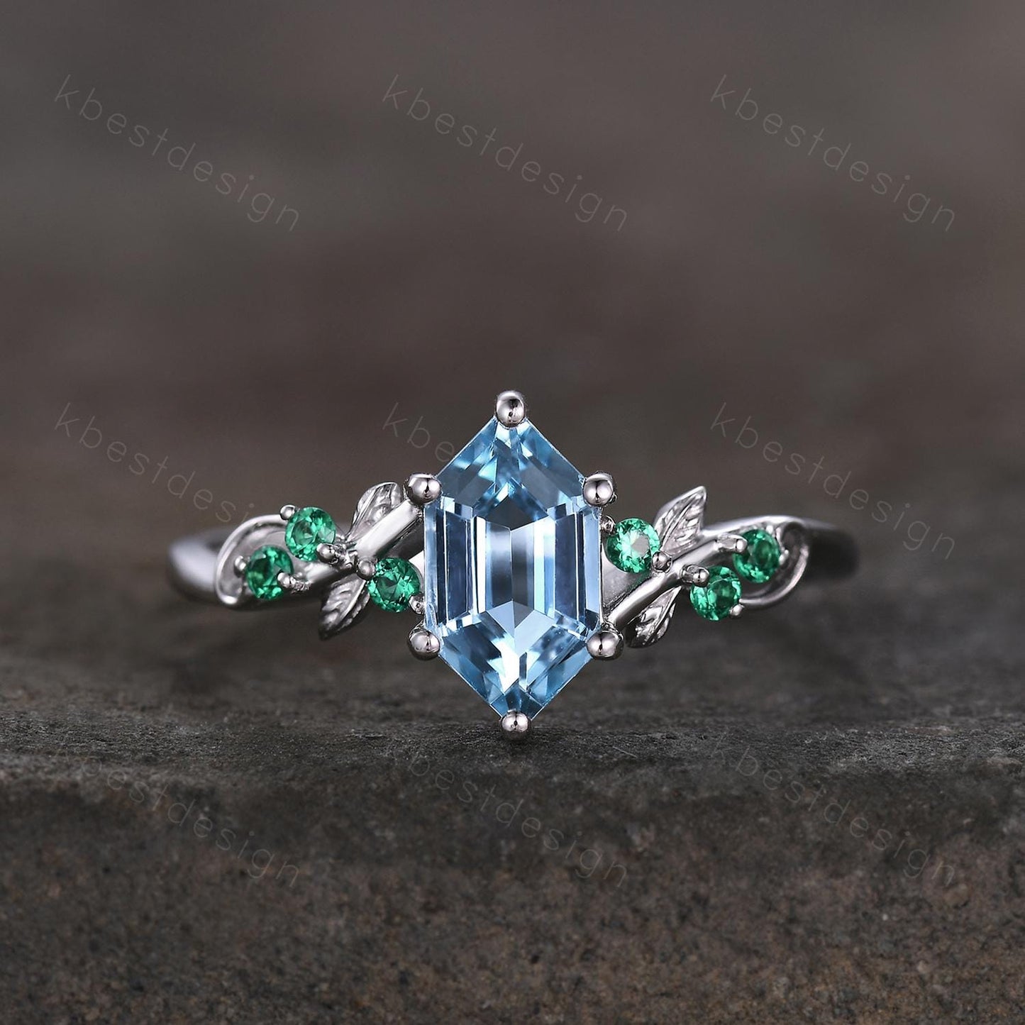 Vintage blue topaz engagement ring unique hexagon cut ring Art deco leaf design emerald ring nature inspired ring December promise ring