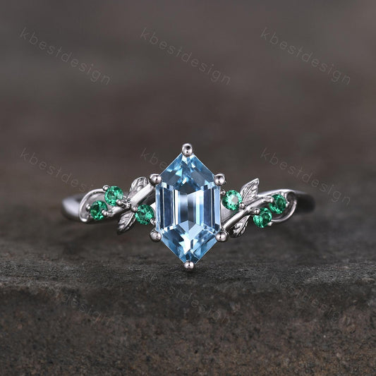 Vintage blue topaz engagement ring unique hexagon cut ring Art deco leaf design emerald ring nature inspired ring December promise ring